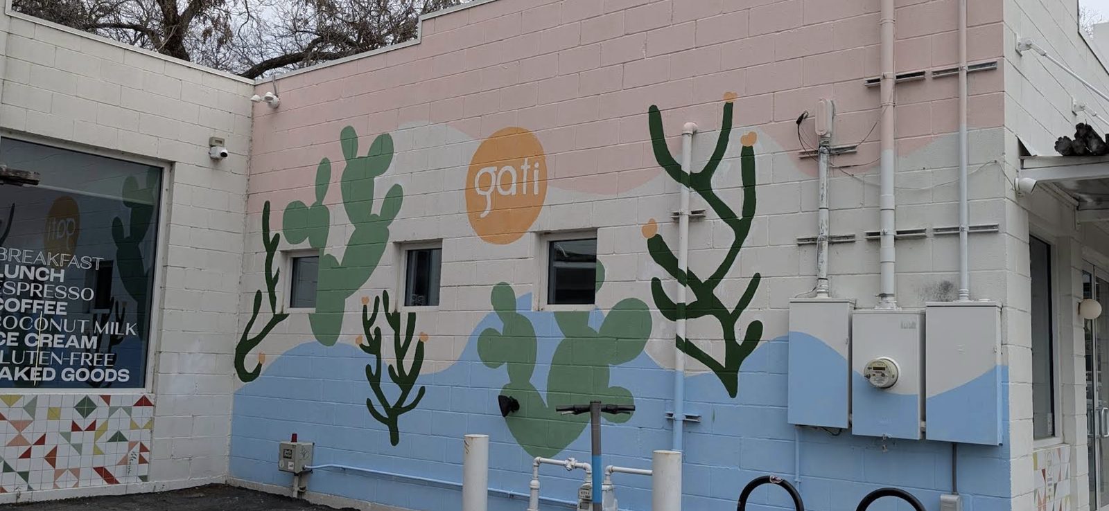 Gati Cafe exterior mural on Holly Street, Austin